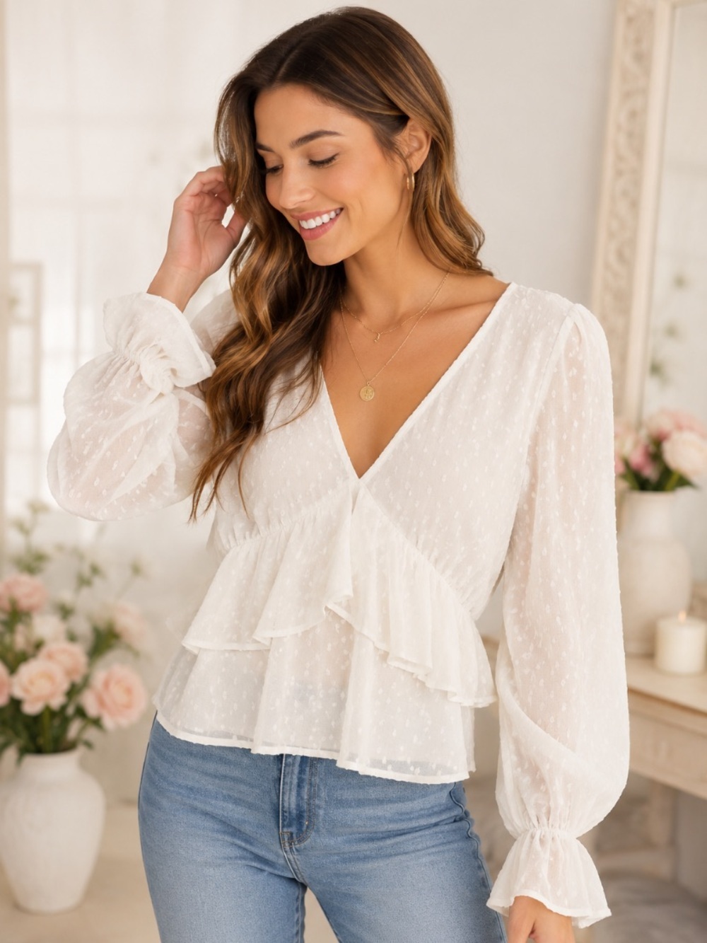 Bershka Cream Swiss Dot Ruffle Romantic Fairycore Feminine Coquette Top Size M